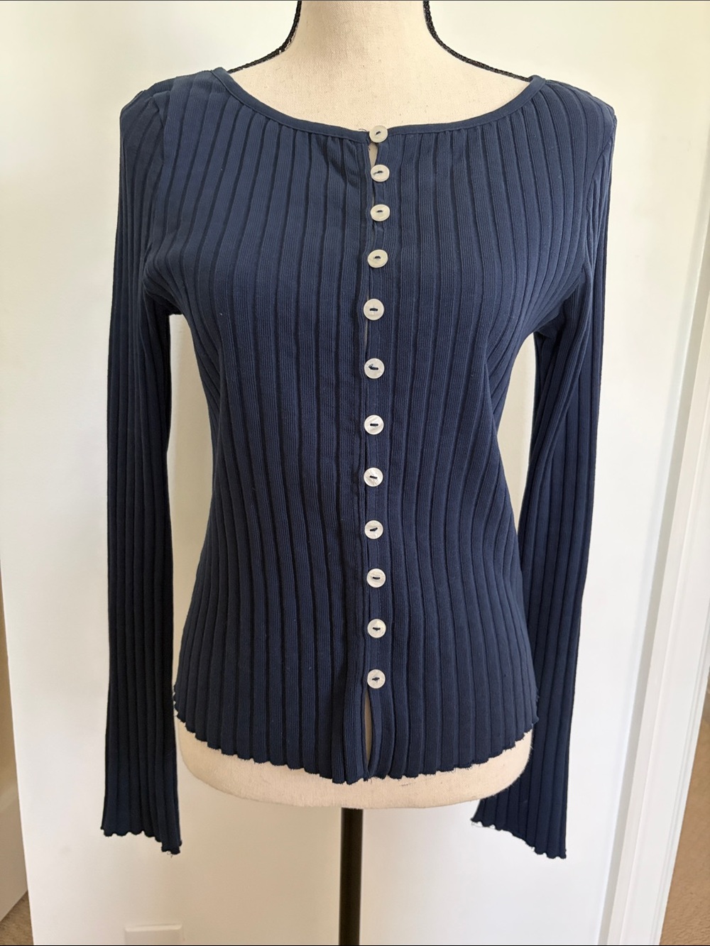 Free People Navy Ribbed Button-Front Top